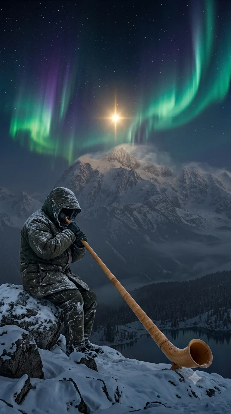 A figure in a snow-covered coat plays a long wooden horn on a mountain top, under the northern lights and a bright star.